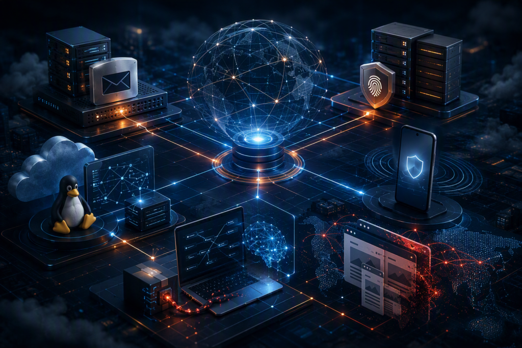Abstract editorial cybersecurity illustration showing a luminous network sphere at the center of an interconnected digital ecosystem, with layered infrastructure nodes, identity and device security motifs, cloud and Linux-adjacent elements, and branching pathways representing trust relationships, supply chain dependencies, and AI-assisted development risks. Deep blue and amber lighting conveys systemic interdependence, exposure, and resilience.