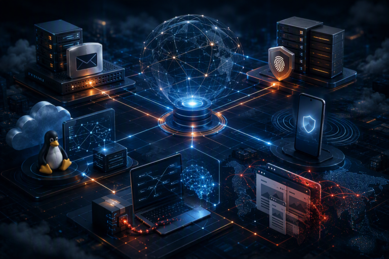 Abstract editorial cybersecurity illustration showing a luminous network sphere at the center of an interconnected digital ecosystem, with layered infrastructure nodes, identity and device security motifs, cloud and Linux-adjacent elements, and branching pathways representing trust relationships, supply chain dependencies, and AI-assisted development risks. Deep blue and amber lighting conveys systemic interdependence, exposure, and resilience.