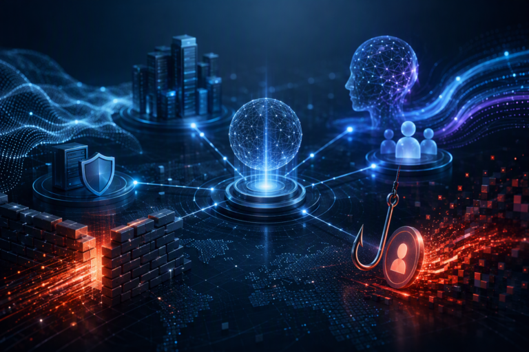 Abstract editorial cybersecurity scene showing interconnected digital infrastructure, flowing signal networks, a central luminous mesh sphere, fragmented trust boundaries, and AI-shaped network geometry. The composition conveys the convergence of infrastructure security, identity threats, AI governance, and systemic resilience through layered light, depth, and connected pathways.