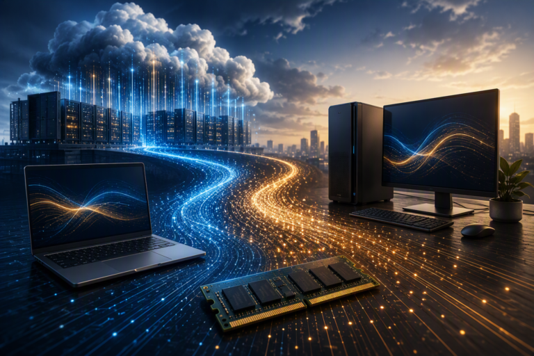 Editorial illustration showing a single business laptop and a single desktop workstation connected by flowing streams of light to a large cloud-scale datacenter. A DRAM memory module sits in the foreground, symbolizing how AI infrastructure demand influences PC hardware costs and memory availability.