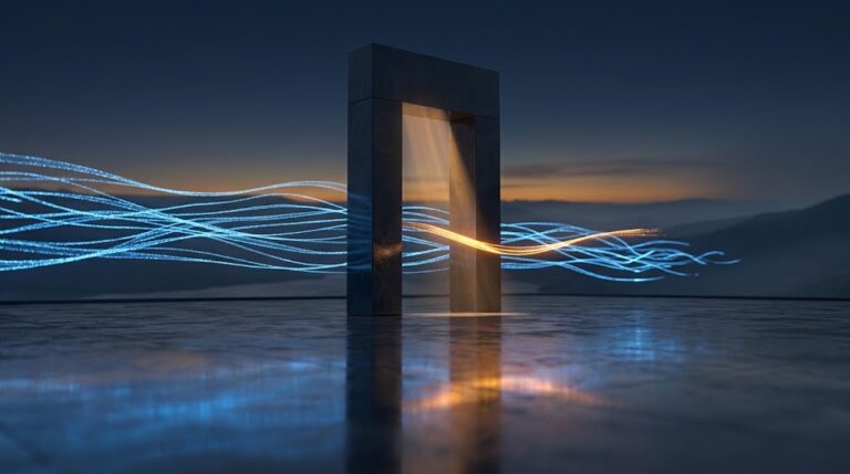 A monolithic stone gateway at blue hour lets dozens of identical blue light ribbons pass through, and one ribbon reveals a warm amber core where a beam of light falls on it, suggesting hidden actors exposed by verification.