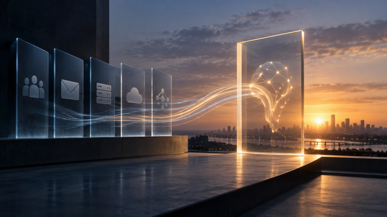 A minimalist editorial scene showing a stream of light flowing from a series of translucent enterprise-system panels into a single illuminated gateway containing an abstract intelligence network. The composition suggests converging business platforms, trust boundaries, and AI governance without depicting specific products, incidents, or attack imagery.
