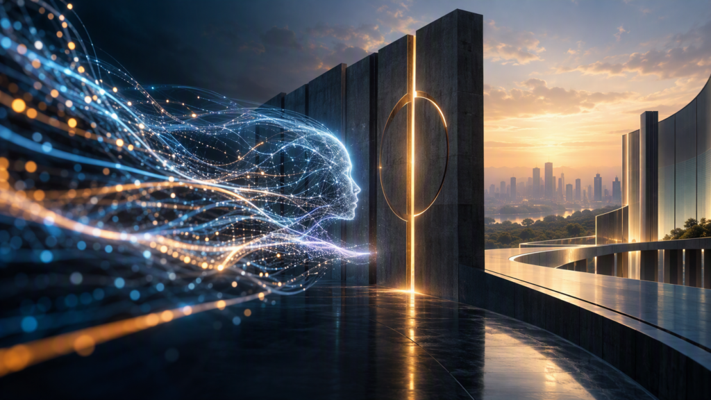 Abstract editorial scene showing flowing luminous intelligence signals converging toward a monumental architectural threshold, with layered network structures meeting controlled gateways and a distant city beyond, symbolizing the transition from AI capability to governance, oversight, and responsible scale.
