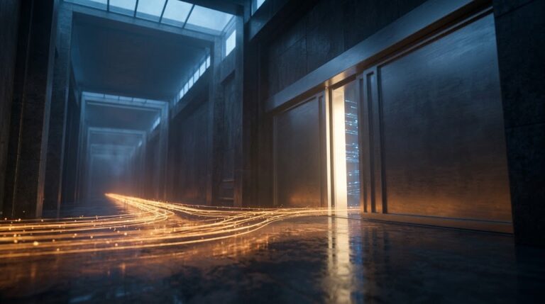 A monumental corridor where heavy steel doors slide closed to hold back cold blue streams of light, while a warm amber stream keeps flowing on the near side, representing a deliberate shutdown that protects essential operations.