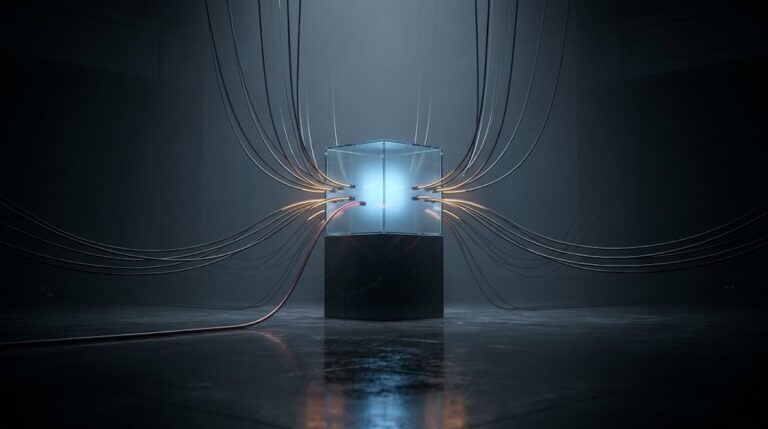 A glowing glass cube on a pedestal in a dark hall, fed by many slender conduits from the shadows, one of them carrying a faint red glow inward, representing trusted app connections into a Microsoft 365 tenant and the risk when one supplier is compromised.