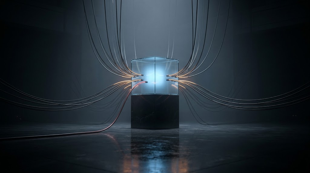 A glowing glass cube on a pedestal in a dark hall, fed by many slender conduits from the shadows, one of them carrying a faint red glow inward, representing trusted app connections into a Microsoft 365 tenant and the risk when one supplier is compromised.