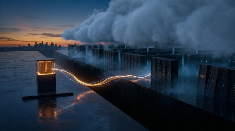 A dimming cloud data platform of server racks sits on the right, separated by a deep gap from a small pedestal on the left holding a steady amber-lit data core, joined by a single ribbon of glowing particles. The image shows an independent copy of data that survives when the platform holding it fails.